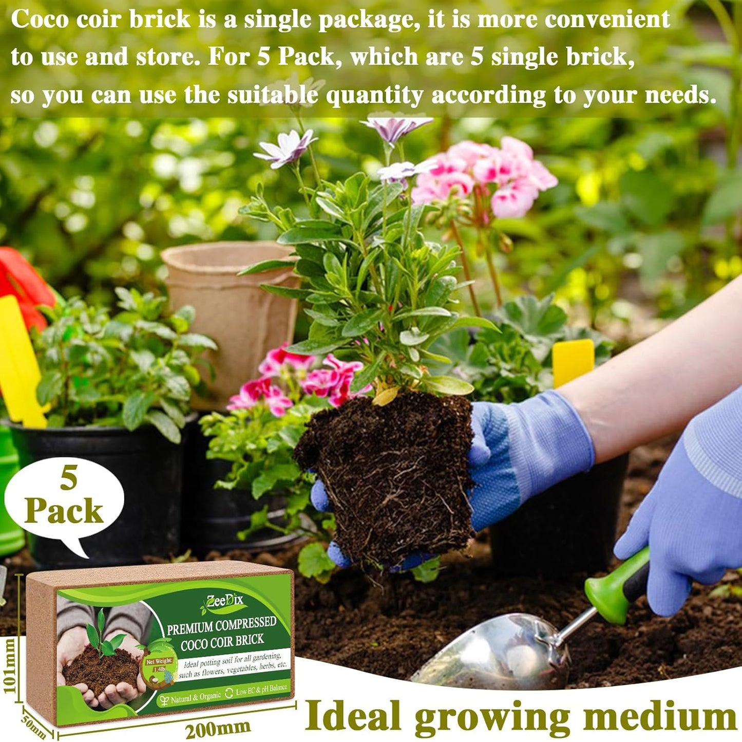 ZeeDix 5 Pack Premium Coco Coir Brick, Organic Compressed Coconut Coir Bricks Seed Starter Potting Soil for Plants, Coconut Fiber Substrate with Low EC & pH Balance for Gardening Flower Herbs - Pet Explorer