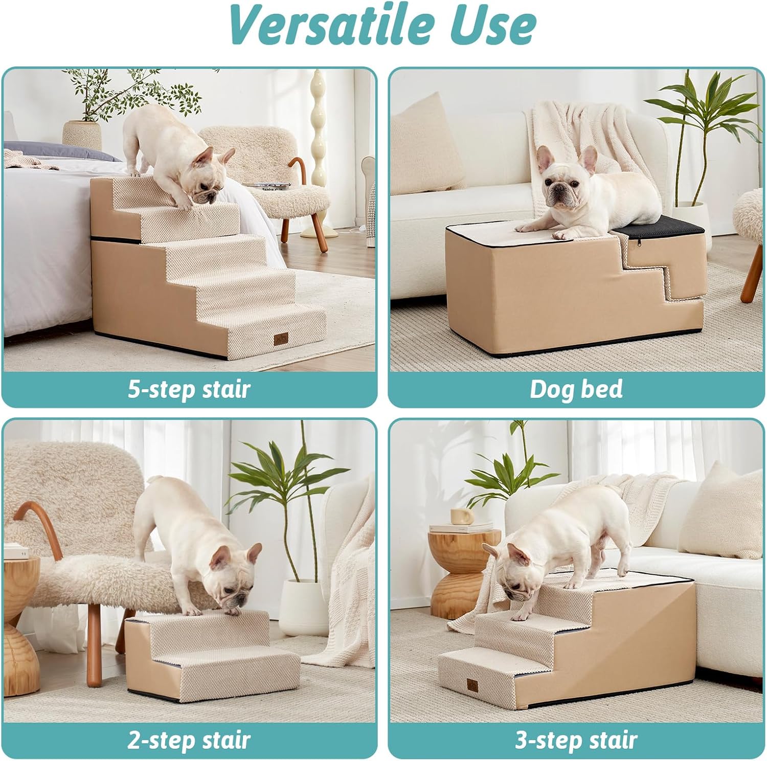 Dog Stairs for Small Dogs, 5 Tier Removable Wider Pet Stairs for Couch and Bed, 23.6" H Non-Slip Dog Steps for Puppies and Old Cats with Support Board, 29.5x19.7x23.6 inch, Beige - Pet Explorer