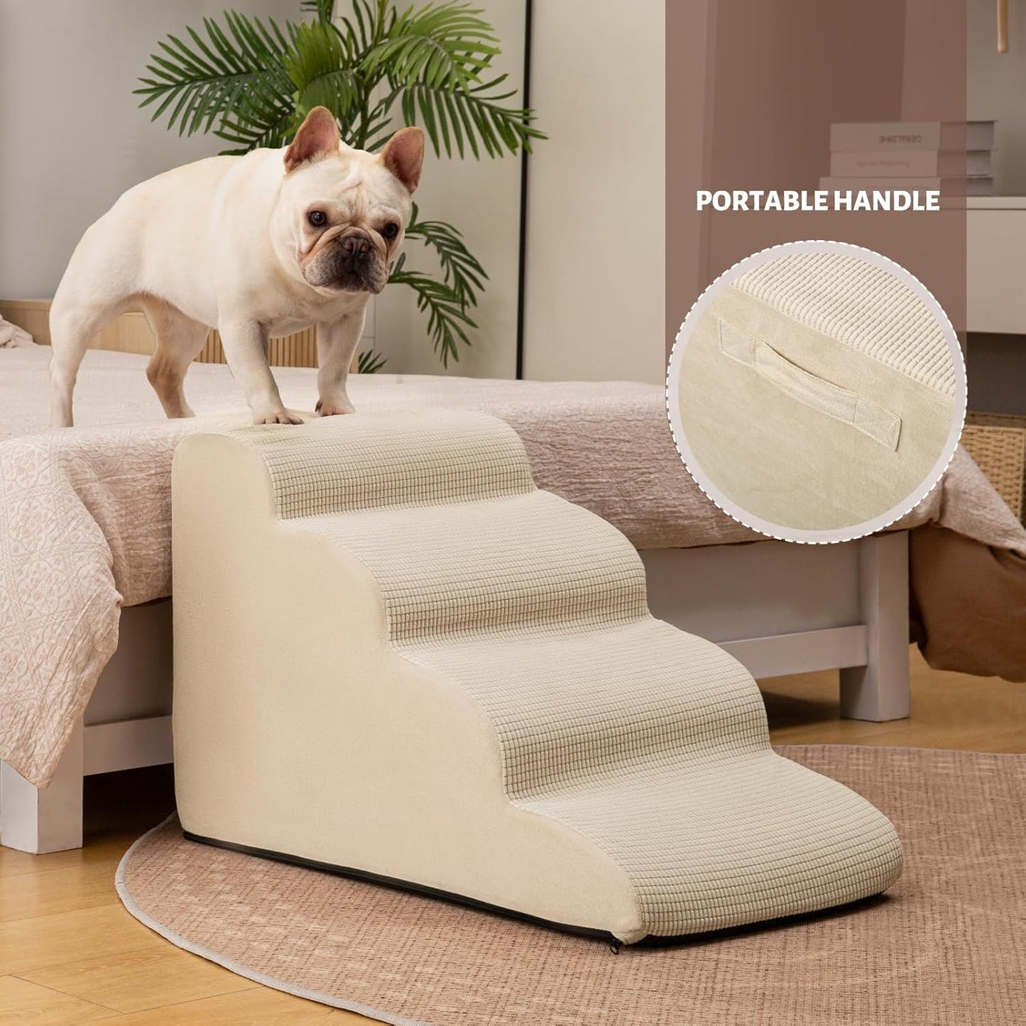 4-Step Dog Stairs and Ramp for Beds or Couches,Non-Slip Sturdy Pet Steps for Small Dogs and Cats,17.4" H,Beige - Pet Explorer