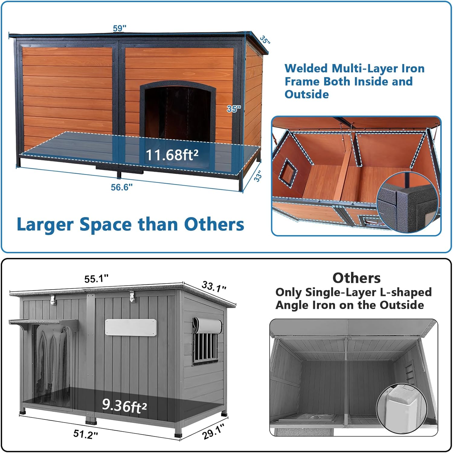 Extra Large Dog House Outdoor Weatherproof 59.1" Outside Wooden Dog Kennel, Chewproof Strong Iron Frame Window - Pet Explorer