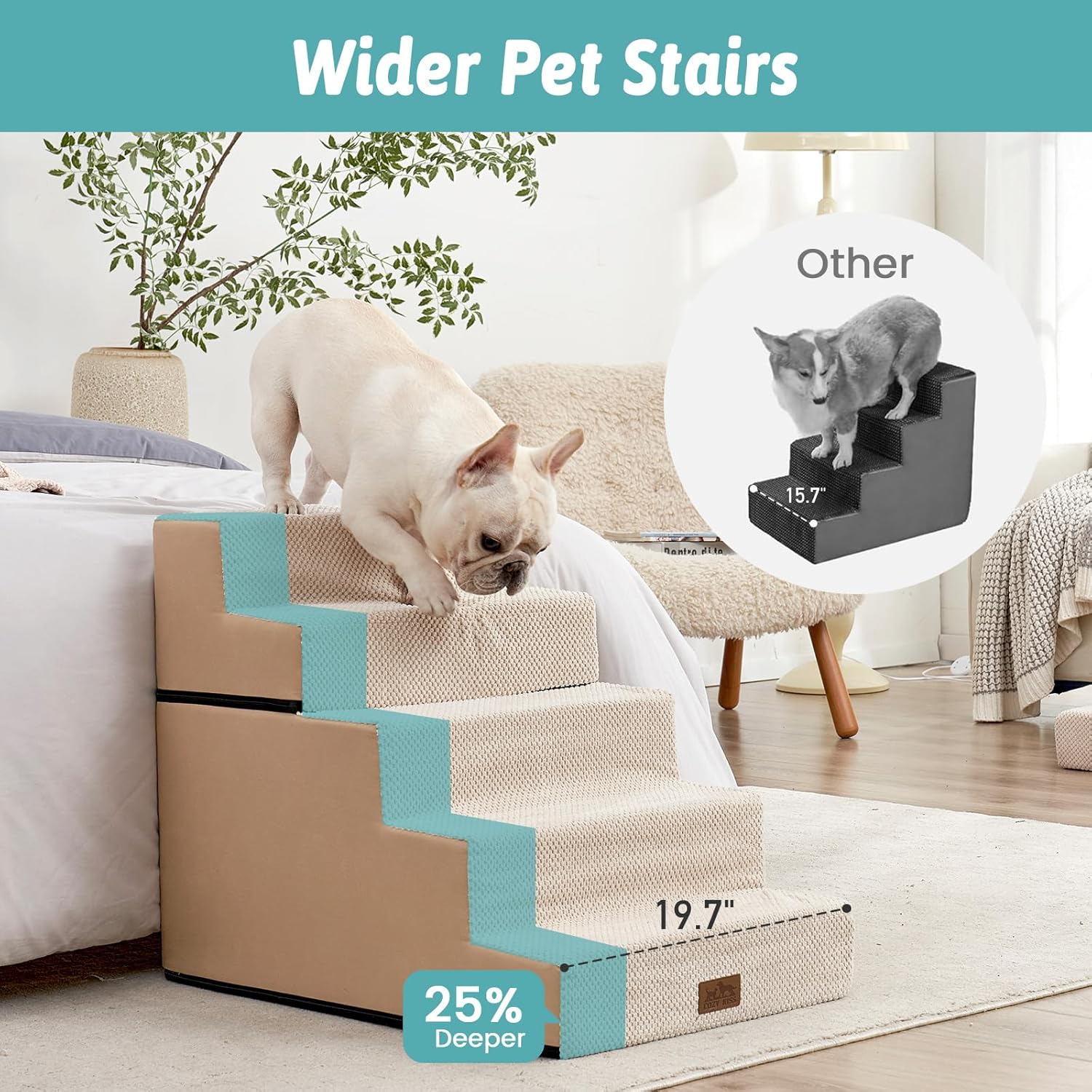Dog Stairs for Small Dogs, 5 Tier Removable Wider Pet Stairs for Couch and Bed, 23.6" H Non-Slip Dog Steps for Puppies and Old Cats with Support Board, 29.5x19.7x23.6 inch, Beige - Pet Explorer