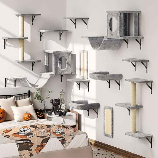 NUNU LAB Wall Mounted Cat Wall Shelves, 12-in-1 Cat Wall Climber with Condos House, Scratching Post, Bridge Ladder, Indoor Space-Saving Furniture for Kittens Play, Gray