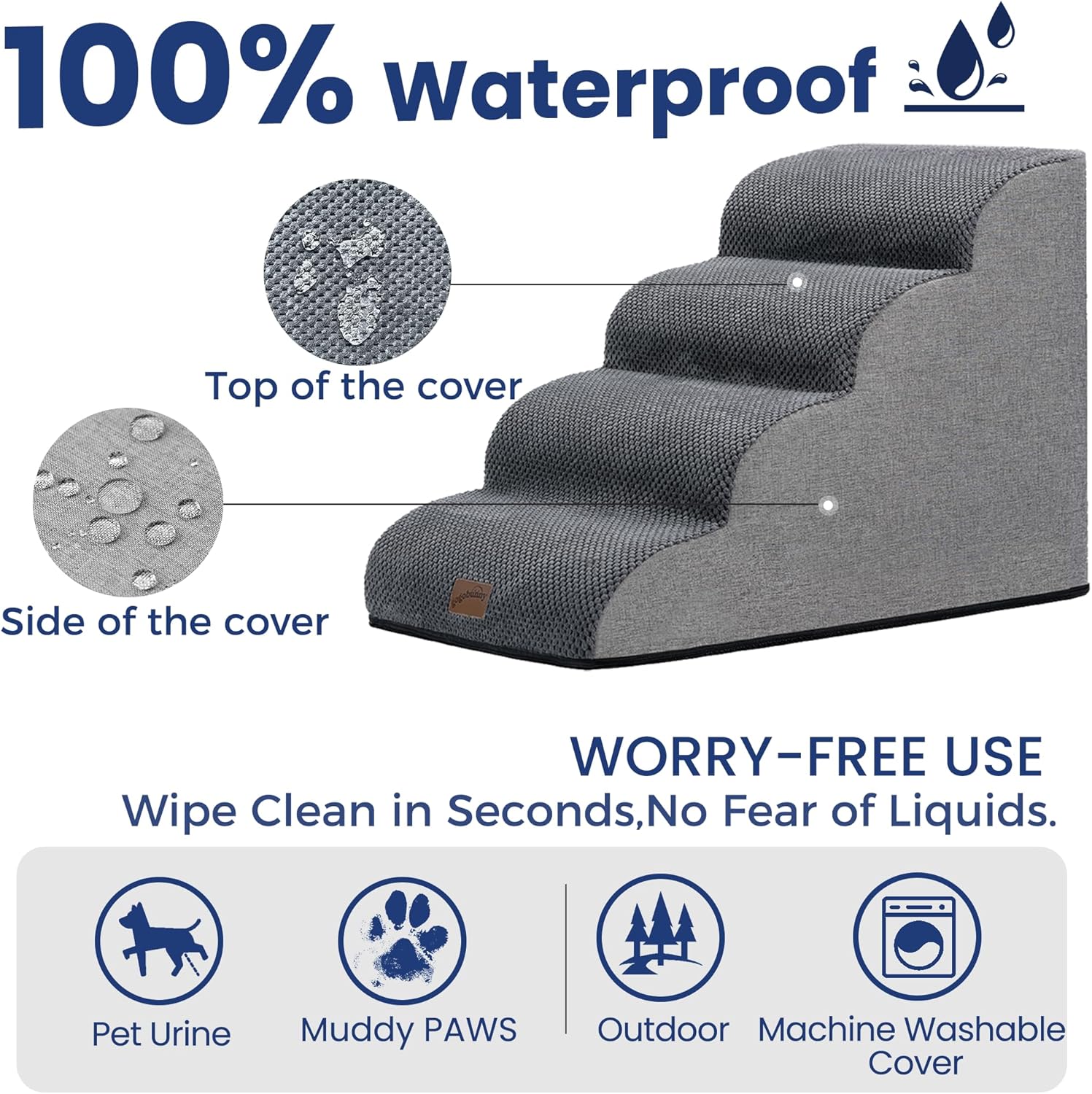 GoGoBunny Waterproof High Density Foam Curved Dog Stairs for High Beds Couches 19.7" H, 4-Step Ramp Dog Steps Friendly to Small Medium Dogs or Pets Joints, Non-Slip Balanced Durable Pet Step, Grey - Pet Explorer