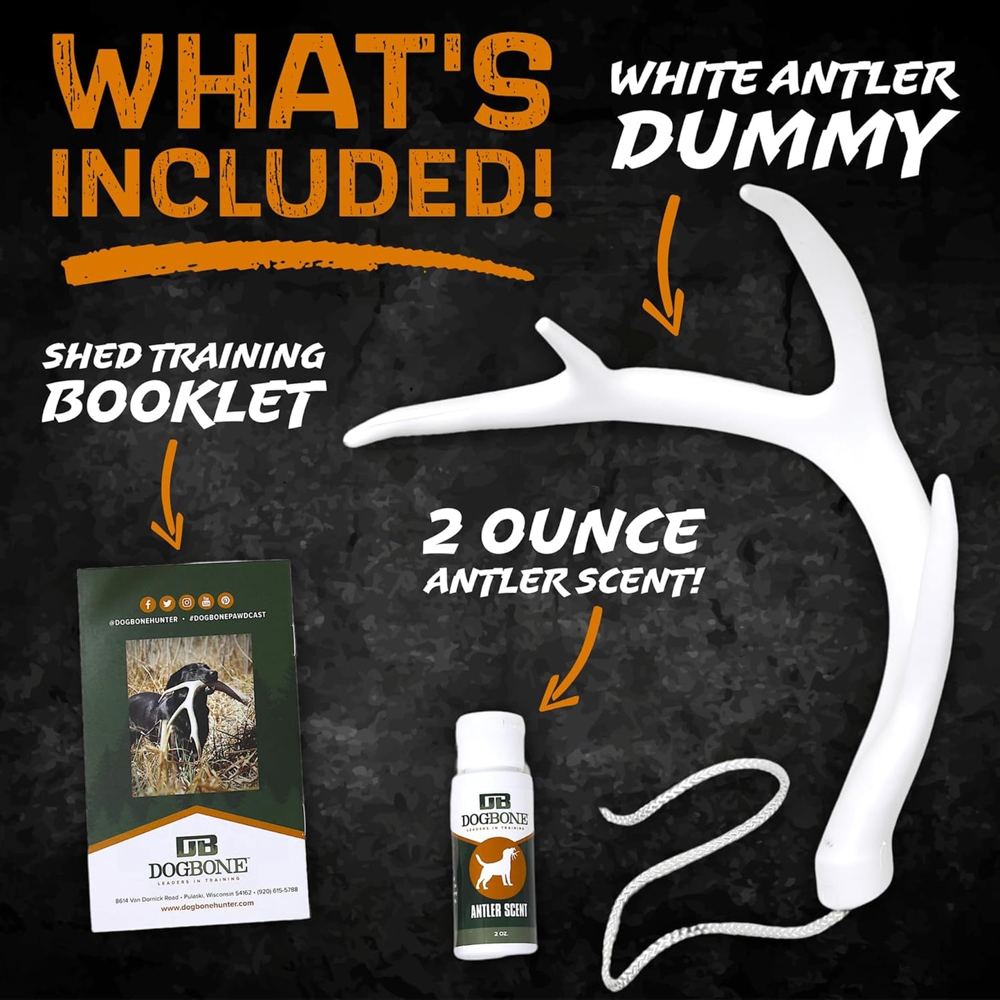 DogBone Shed Hunting Dog Training Kit – Train Your Puppy to Find Deer Antlers - Includes 2 oz Scent for Nosework & Flexible Floating Dummy for Retrieving - Perfect for Whitetail Hunters - Pet Explorer