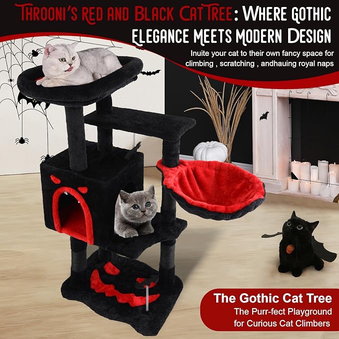 Gothic Cat Tree for Indoor Cats Large Adult, 40.5" Goth Cat Trees Tower with Coffin Cat Bed,Scratching Post,Cat Condo, Furniture Towers with Hammock, Tall Black Cat Tree Halloween Hanging Toys(Black)