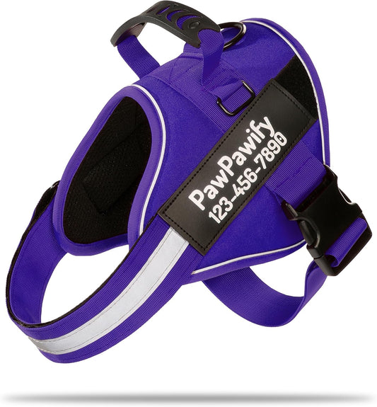 PawPawify Custom No Pull Dog Harness with Name and Phone Number, Heavy Duty Personalized Pet Vest to Prevent Tugging, Pulling, or Choking, Training and Walking (New Purple, M (20-40 LBS))