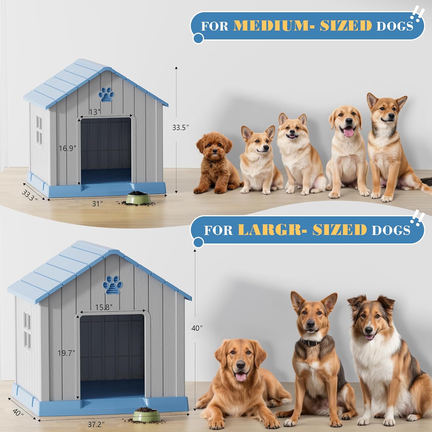 Large Dog House Outdoor Indoor for Medium Large Dogs, Durable Plastic Waterproof Doghouse with Air Vents and Elevated Floor, Easy Clean and Assemble (Blue, 31" L x 33.3" W x 33.5" H) - Pet Explorer