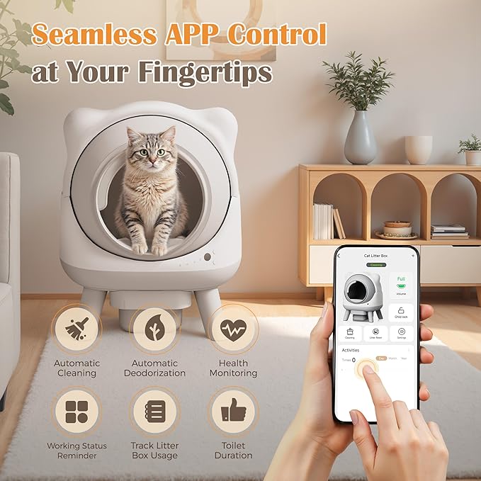 WARCAT Automatic Self-Cleaning Litter Box, Smart Litter Box with APP Control & Cat Ear Design for Multi-Cat Households, Includes Mat & Waste Bags