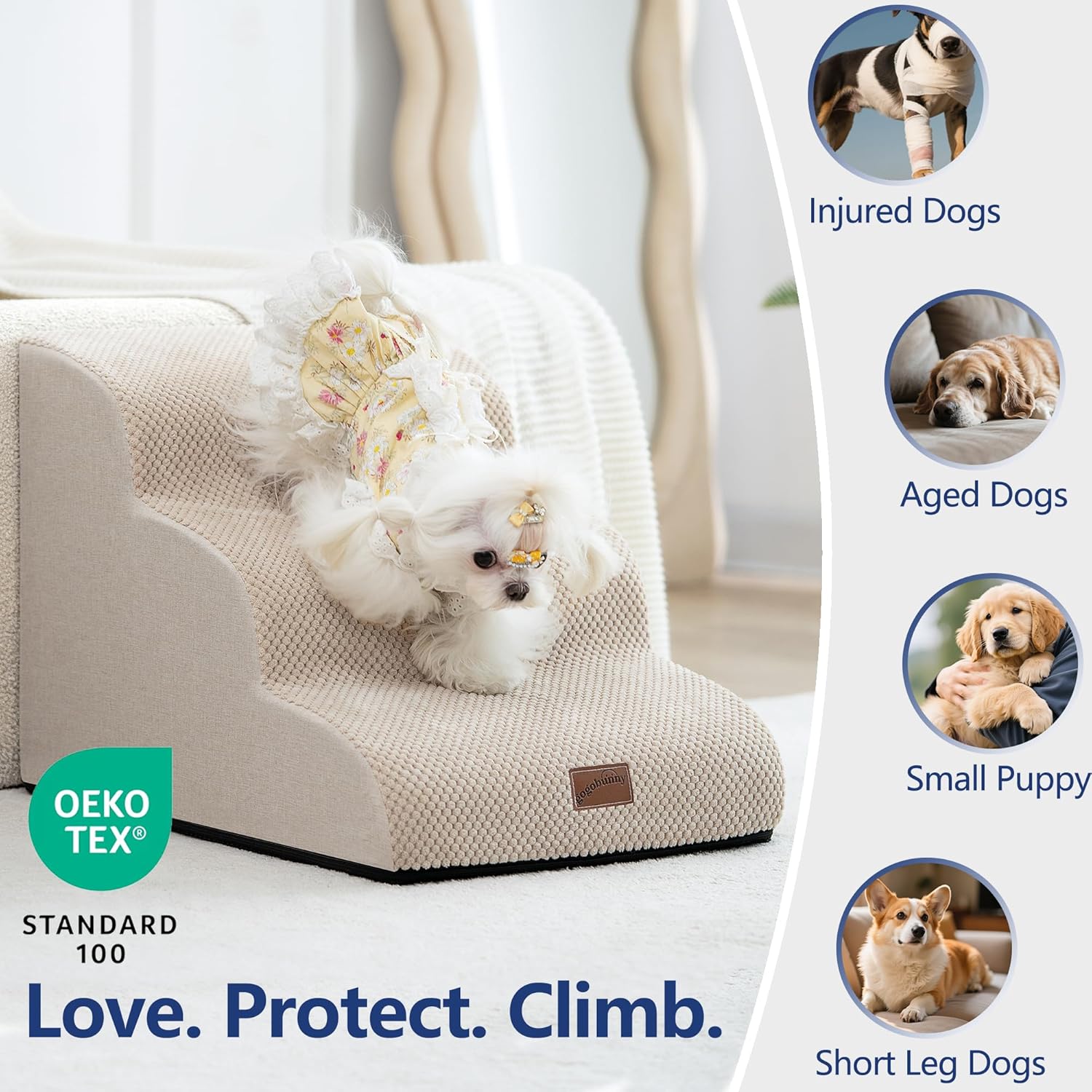 GoGoBunny Ramp Dog Stairs for High Beds 22.6" H, 5-Step Dog Slope Stairs with Durable Waterproof Fabric Cover, Pet Steps for Old Large Dogs Climbing, Non-Slip Sturdy Indoor Step, Beige - Pet Explorer