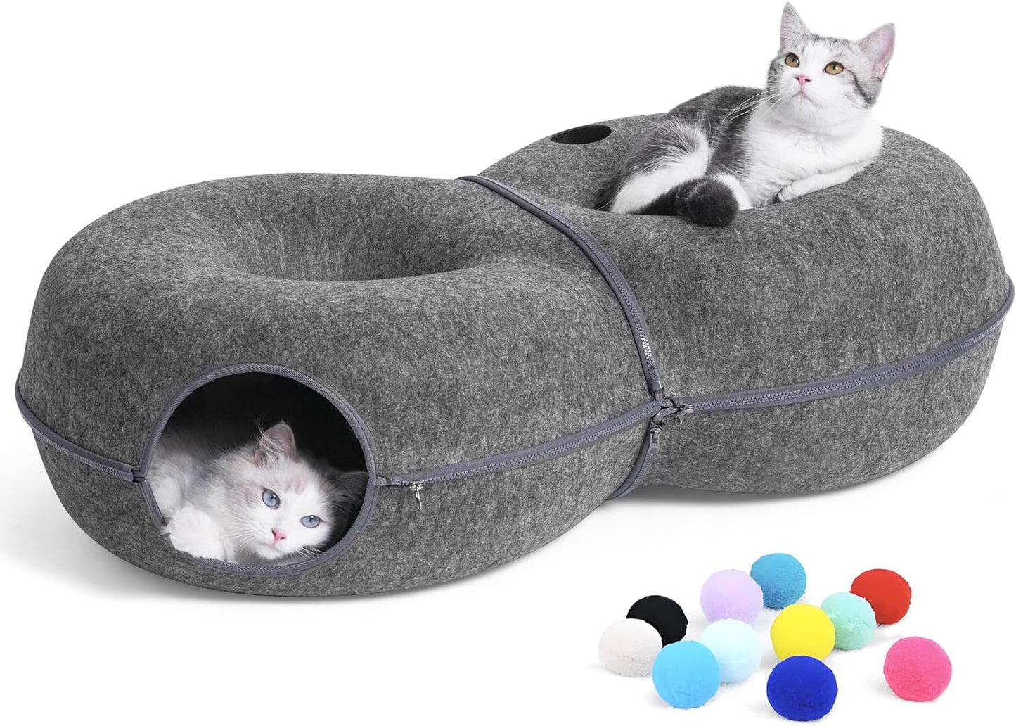 8-Shaped Large Cat Tunnel Bed for Indoor Cats, Infinite Circulation Peekaboo Cat Cave with 12 Toy Balls, Cat Donut Tunnel for Cats up to 30 Pounds (Dark Grey, L 38x24x11in) - Pet Explorer