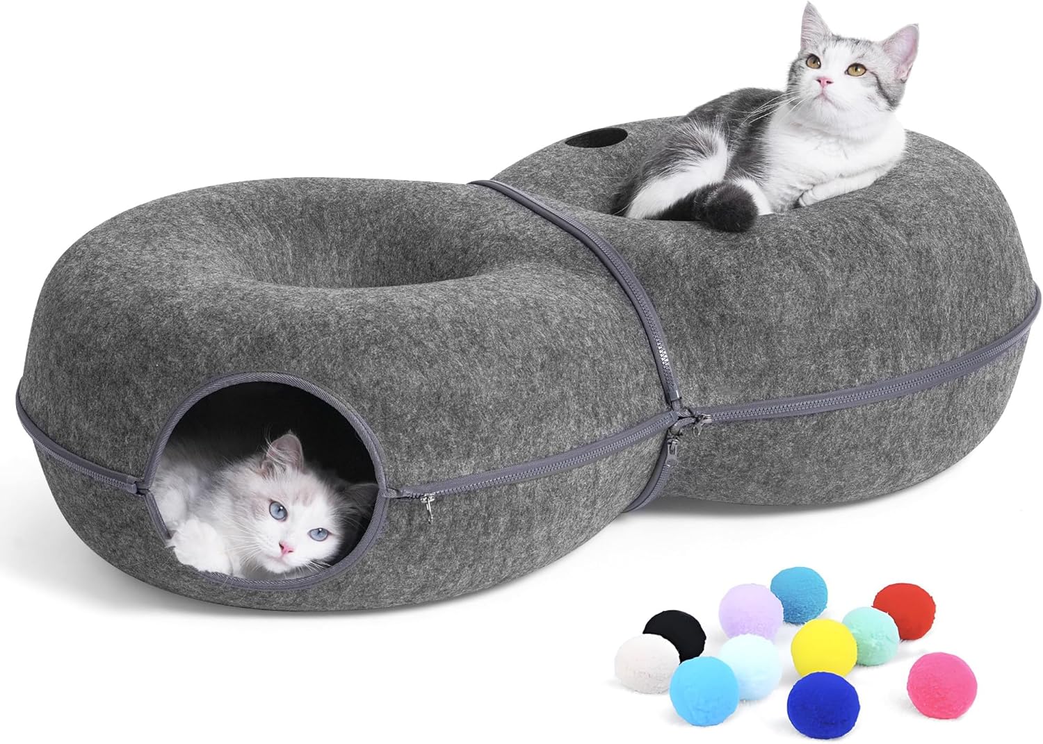 8-Shaped Large Cat Tunnel Bed for Indoor Cats, Infinite Circulation Peekaboo Cat Cave with 12 Toy Balls, Cat Donut Tunnel for Cats up to 30 Pounds (Dark Grey, L 38x24x11in) - Pet Explorer