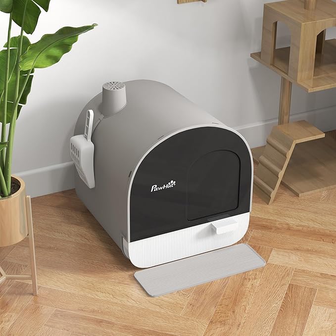 PawHut Cat Litter Box with Lid, Covered Litter Box for Indoor Cats with Tray, Scoop, Filter, 17" x 17" x 18.5", Light Gray