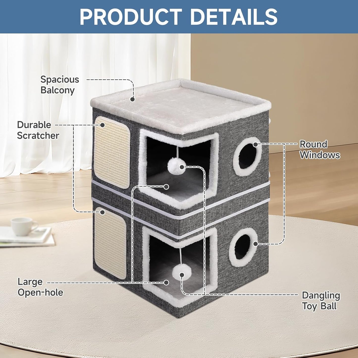 2-Storey Cat House for Indoor Cats, Separate Into 2 Large Cat Bed Cave with Hideaway Condos, Scratch Pads, Hanging Balls, Foldable Indoor Cat House Hold Up to 30LBS, Cat Cube for Multiple Cats Kitten - Pet Explorer
