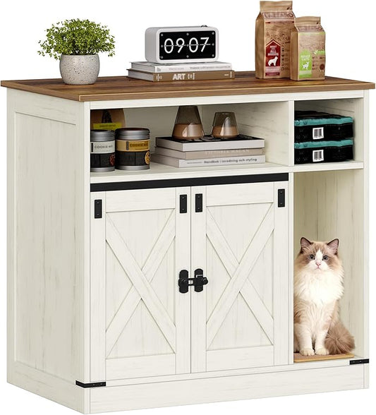 Cat Litter Box Enclosure, Hidden Litter Box Furniture with Storage, Wooden Cat Cabinet with Scratch Pad, Farmhouse Cats House, TV Stand End Table, Rustic Brown and White CB87514X