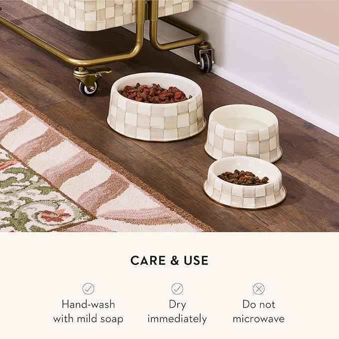 MACKENZIE-CHILDS Enamel Pet Bowl, Cute Cat and Dog Bowl for Food and Water, Large, Brown-and-White Mocha Check