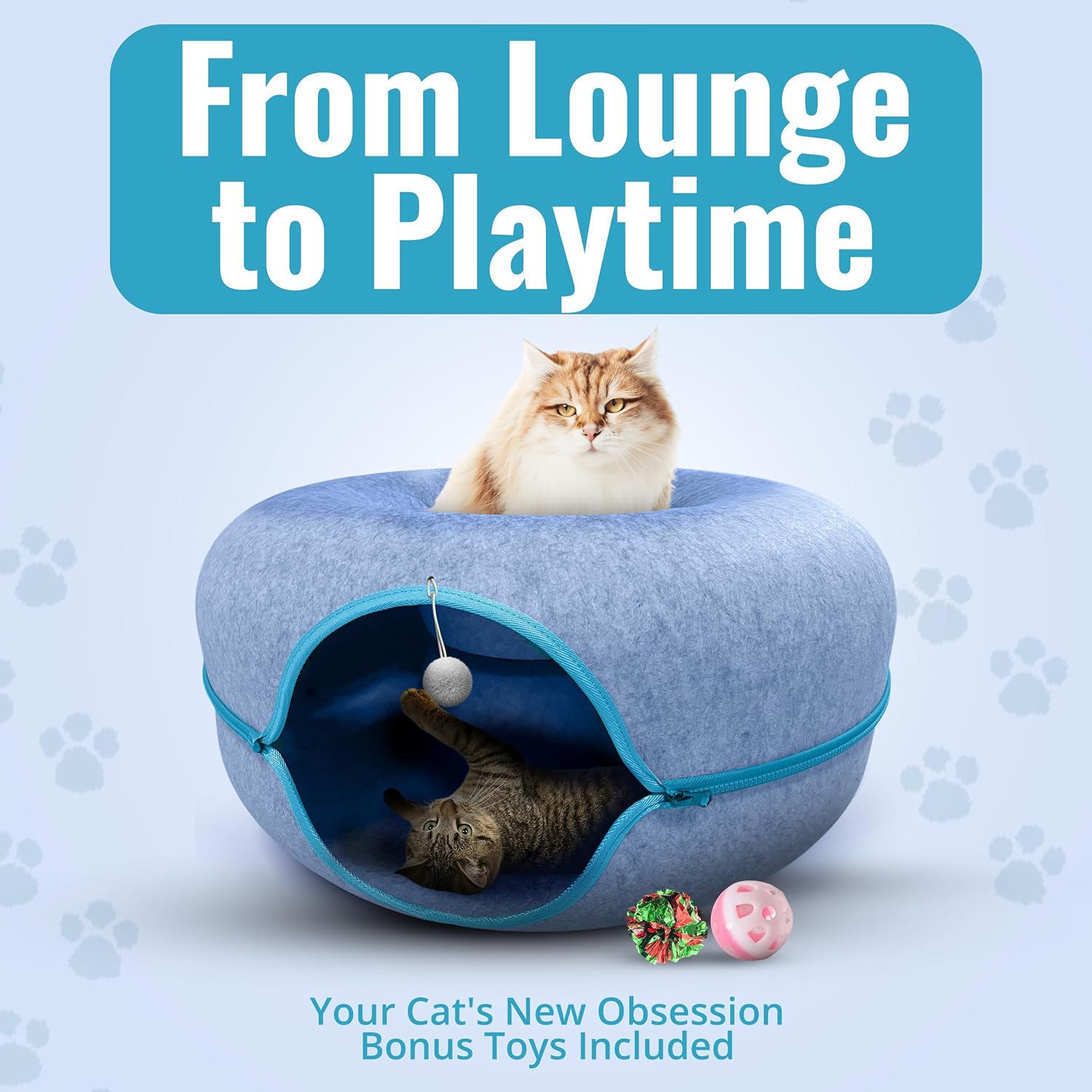 Okoco Cat Tunnel Bed for Indoor Cats Large, 24" Peekaboo Cat Cave Donut Bed for Pets up to 45lbs, 2-in-1 Round Tube with Hanging Ball Toy & Removable Machine Washable Parts (Light Blue) - Pet Explorer