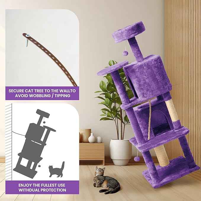 58in Large Cat Tree Tower for Indoor Cats with Soft Plush Hang Ball, Two Condos, Sisal Scratch Posts & Rope Play for Kittens/Adult Cats, Purple