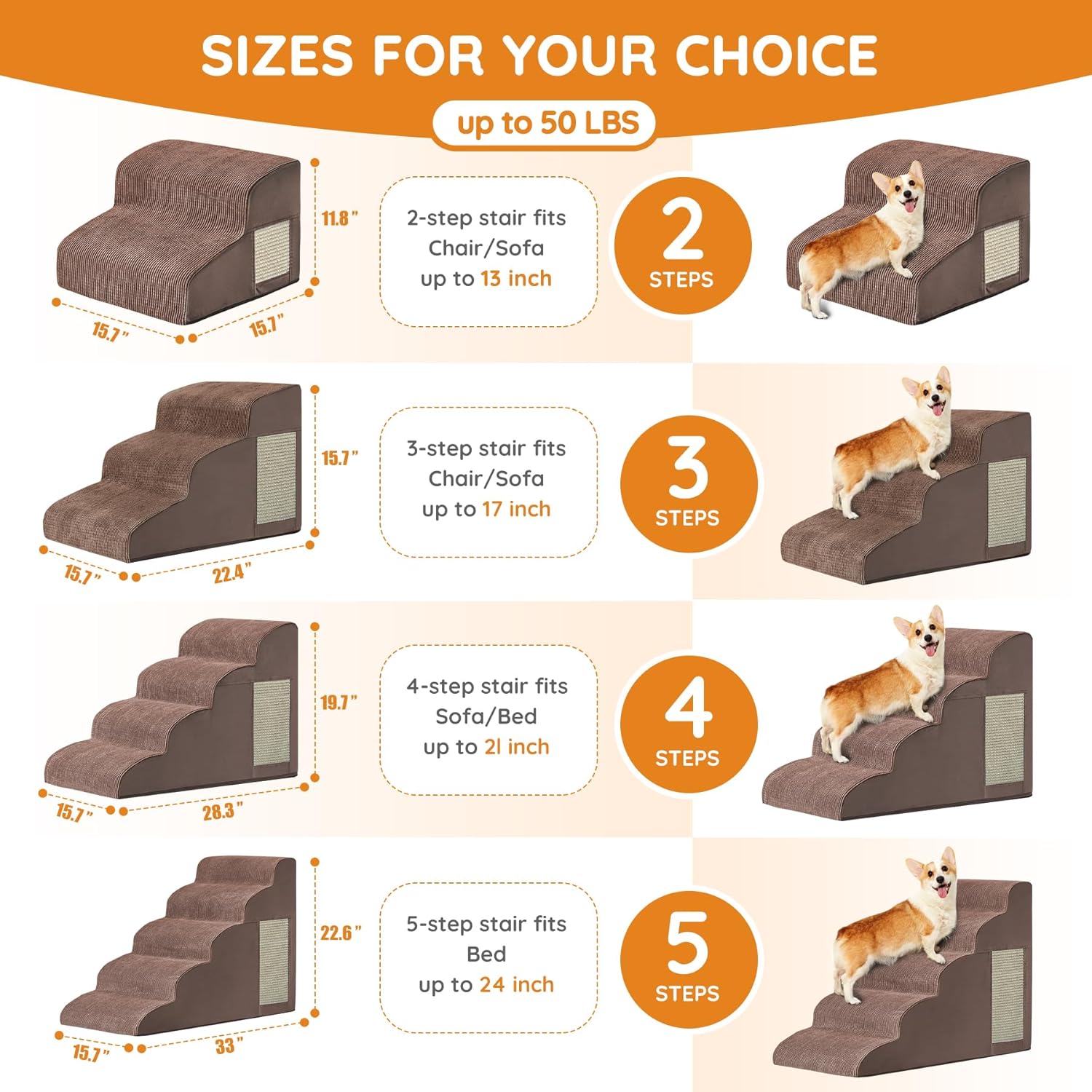 Dogs Steps for Bed, Dog Stairs for Small Dogs, 4-Step Dog Ramp for Bed, Couch, Sofa, and Chairs, Non-Slip Bottom Design, Cat Scratching, High Density Foam Portable Pet Step, Indoor, Coffee - Pet Explorer
