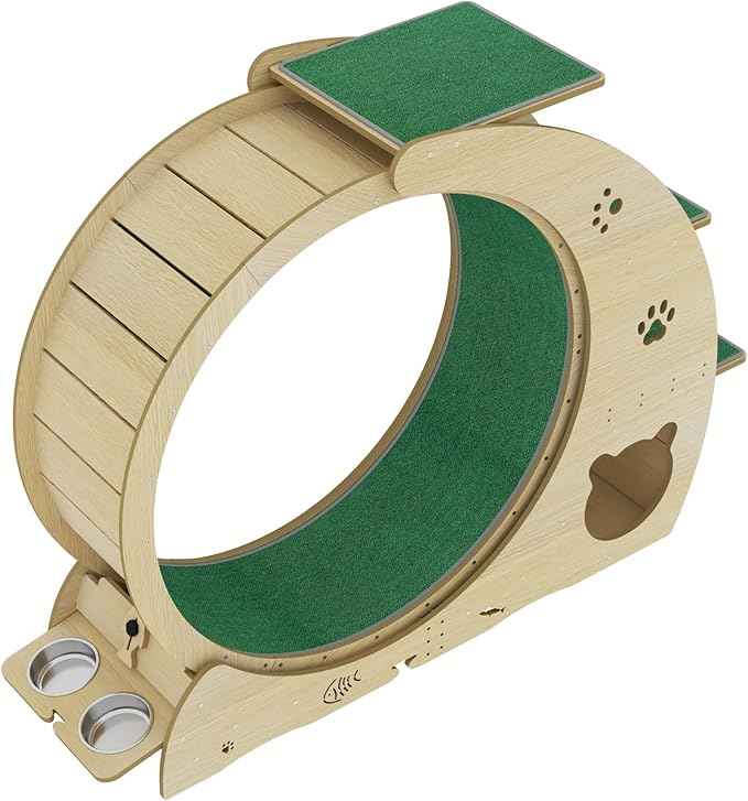 Cat Running Wheel for Indoor Cats, Large 6-in-1 Cat Treadmill with Bowls, Scratch Post & Resting House, Quiet Cats Wheel Exerciser for Kitty Fitness Wood Color