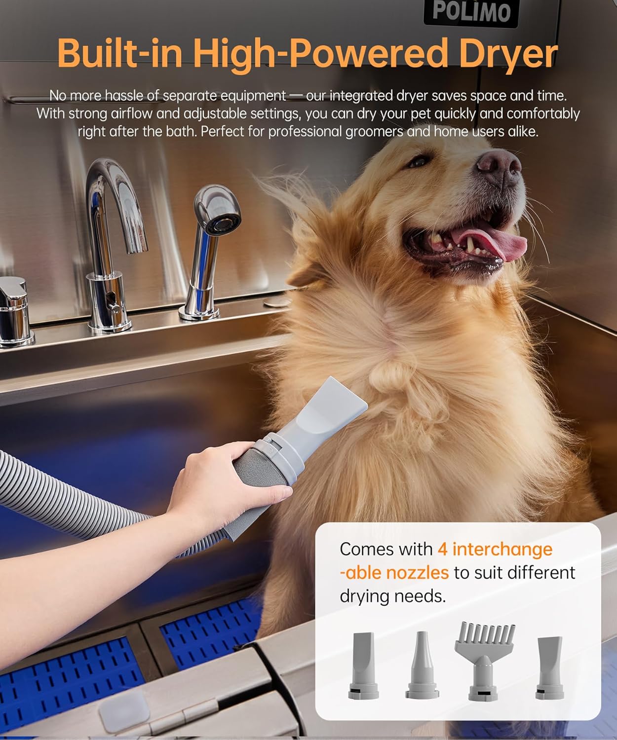 polimo Dog Wash Station with Pet Dryer & LED, Professional Dog Bathing Station for Large, Medium & Small Dogs – with Window, Ramp, Drawer, Floor Grate, LED Display & Faucet (Left RAMP & Dryer, 50") - Pet Explorer