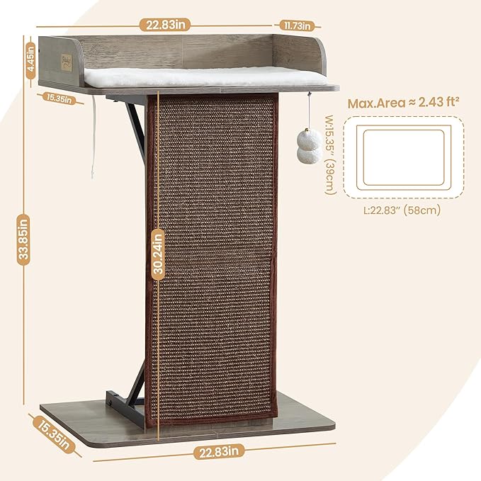 Modern Wood Cat Tree Tower for Indoor Large Cats, 33.8-Inch Tall Wooden Cat Trees with Big Perch Bed, Cat Scratching Pads, Washable Removable Cushions and Scratching Mat, Cat Furniture, Greigy