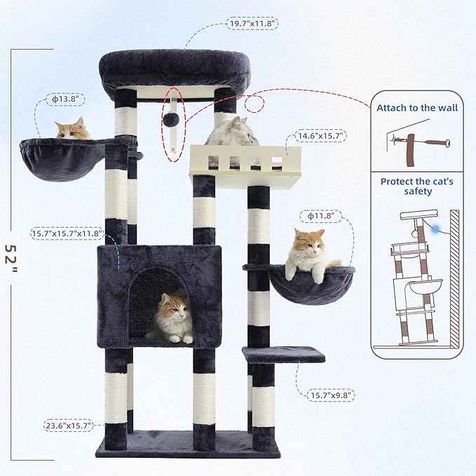 Cat Tree for Indoor Cats Large Adult, Heavy Duty Cat Tree for Large Cats 20 lbs+, Cat Condo with Big Wooden Perch, Cat Tower with 14 Scratching Posts, Hammock, Smoky Gray GCT023G
