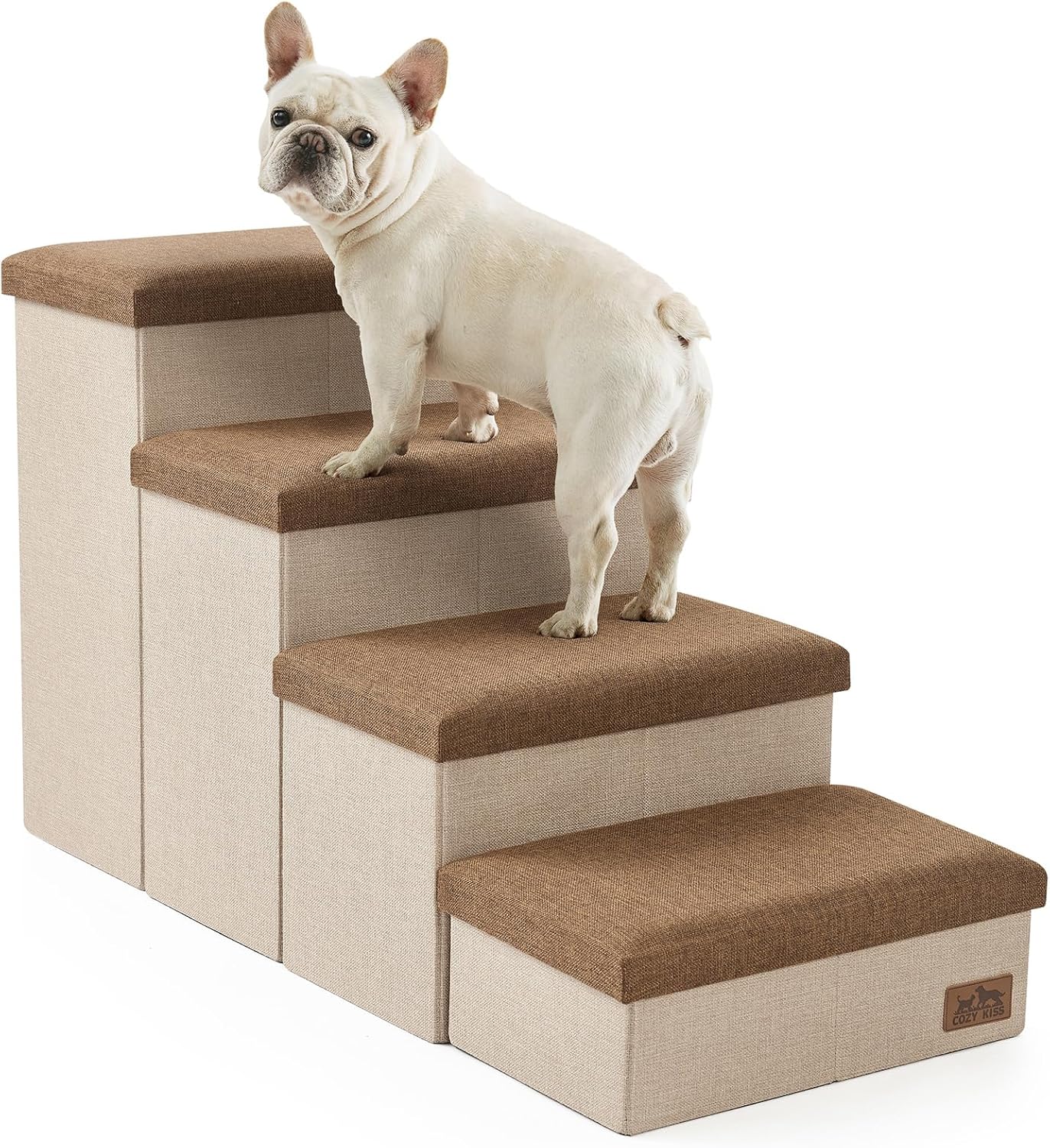 Dog Stairs with Storage, 4-Step Wider Sturdy Dog Steps for Small/Medium/Large Dogs and Older Cats, Folding Doggie Ramp for Bed/Couch/Car Hold Up to 180 lbs (22" H, Brown) - Pet Explorer
