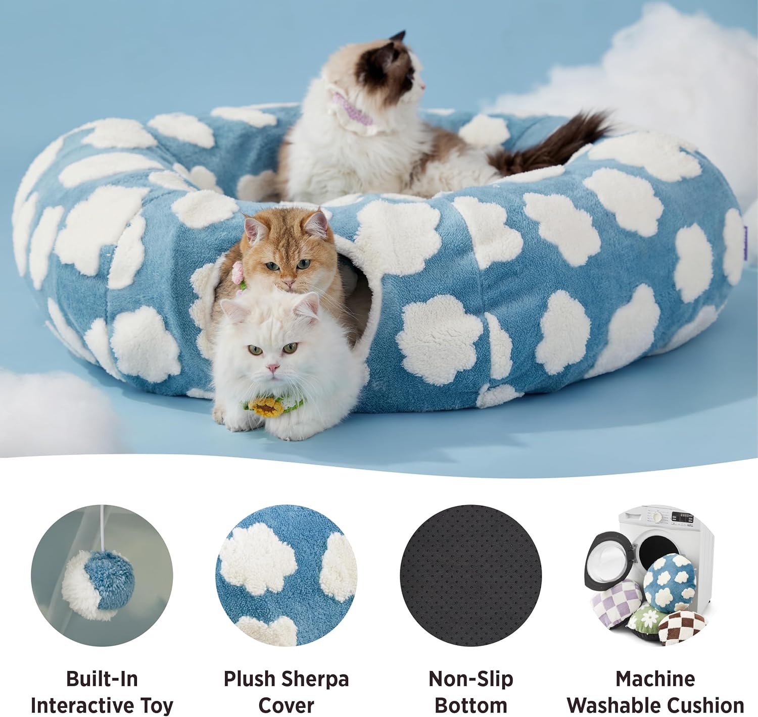 Lesure Large Cat Tunnel Bed - Cute Donut Bed for Indoor Cats with Washable Circle Cushion, Round Pet Peekaboo Cave Toy for Multi Kitten/Puppy/Rabbit, Large Blue - Pet Explorer