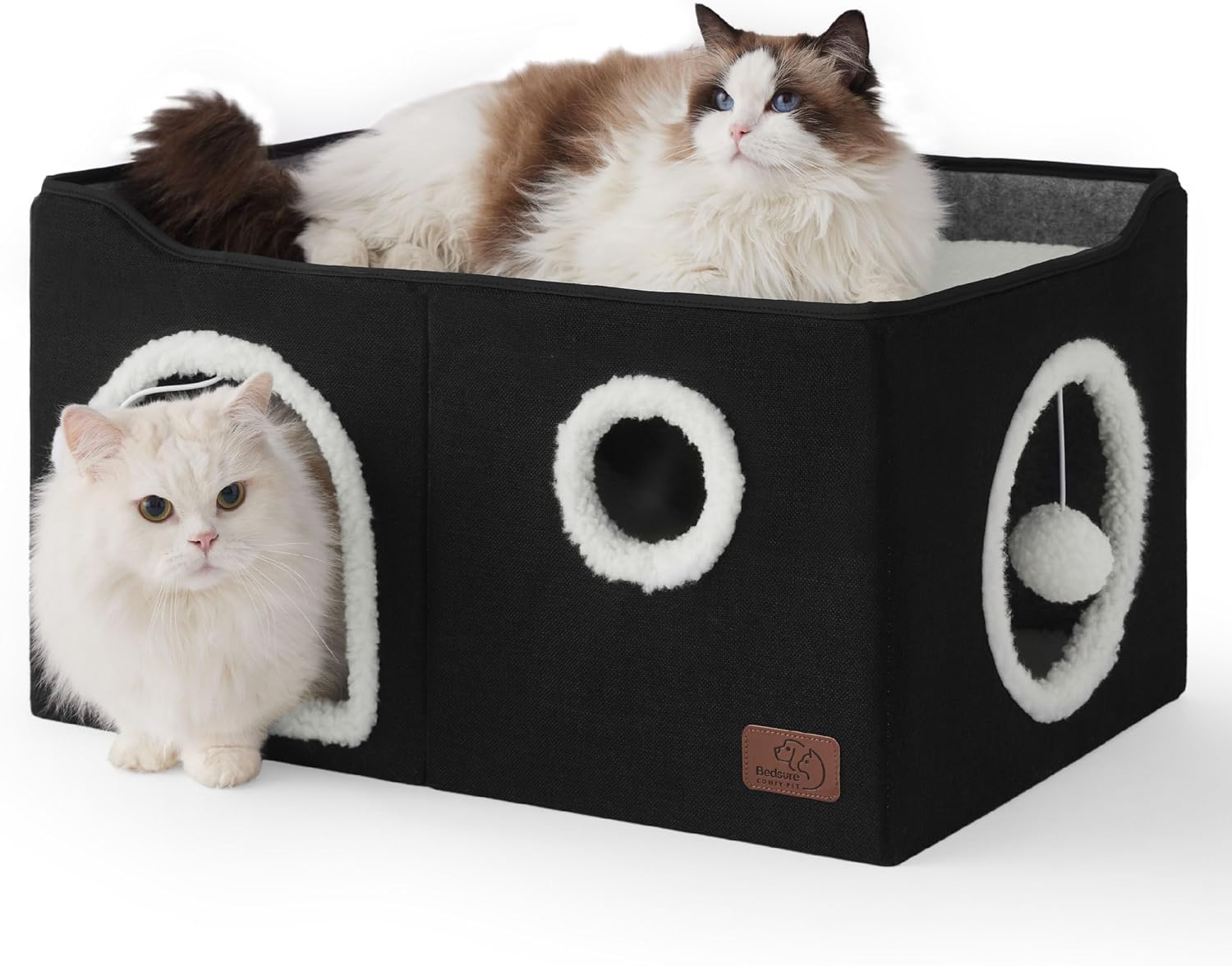 Bedsure Large Cat Beds for Indoor Cats - Extra Wide Cat Cube House for Small Pet with Fluffy Ball Hanging and Scratch Pad, Foldable Pet Cave Hideaway for Multiple Cats, 23.6x16.9x13 inches, Black - Pet Explorer