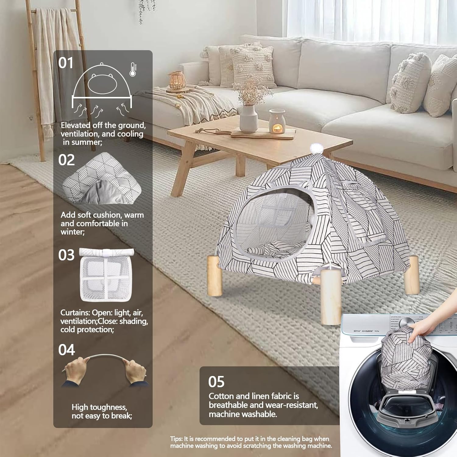 2-in-1 Elevated Cat Tent Cat House, Quick Assembly and Disassembly, Portable Indoor/Outdoor Cute Cat Bed Cave-White Diamond Pattern - Pet Explorer