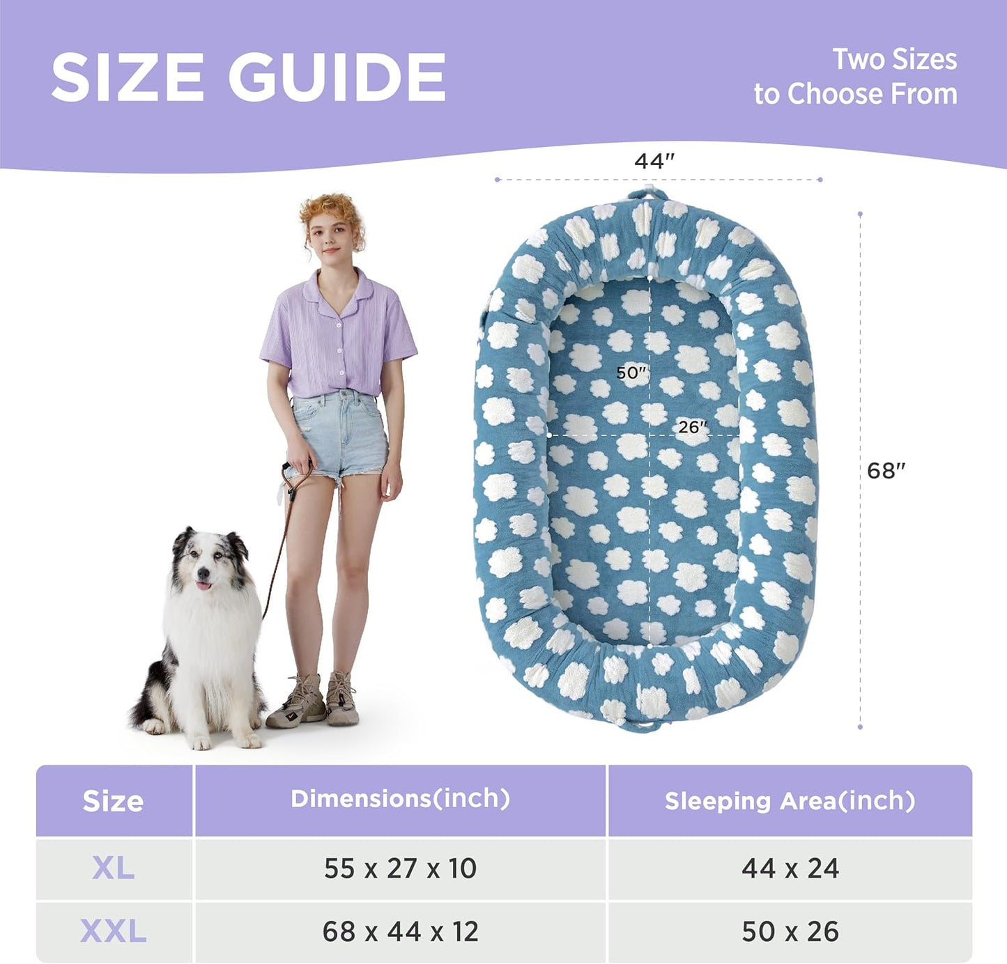 Lesure Human Dog Bed for Adult - Calming Human Size Dog Bed with Egg Foam Supportive Mat and Storage Pocket, Cute Modern Pet Beds with Jacquard Shaggy Plush & Anti Slip Bottom 55x37x10, Blue - Pet Explorer