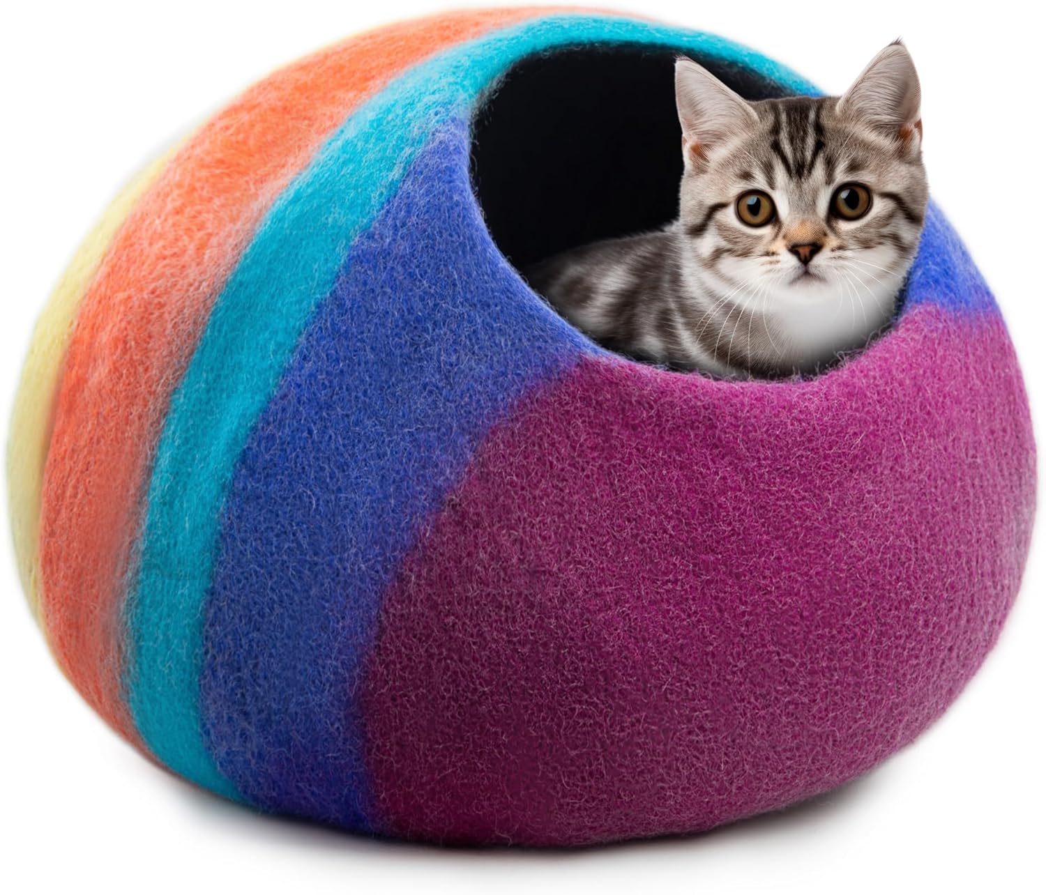 Woolygon Premium Felt Cat Cave Bed – Wool Kitty Beds Handcrafted Kitten Caves Bed for Indoor Cats - Made from 100% Eco-Friendly Merino Wool, Foldable Cat Hidewawy Covered Cat House Pod (Rainbow Twist) - Pet Explorer