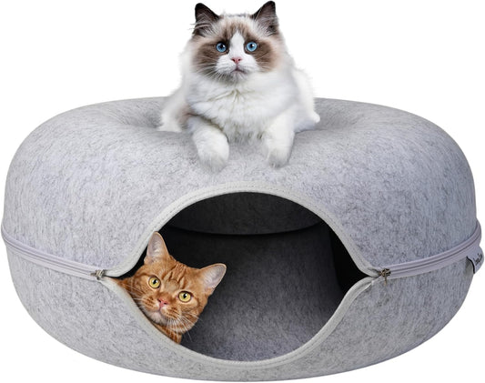 Emory Lane - Premium Cat Cave for Small Pets, Multifunctional Donut Tunnel Bed for Indoor Pets, Round Felt Pet Cave with Premium Zipper, for Pets up to 40 Lbs (24x24x11 Inch) (Light Gray) - Pet Explorer