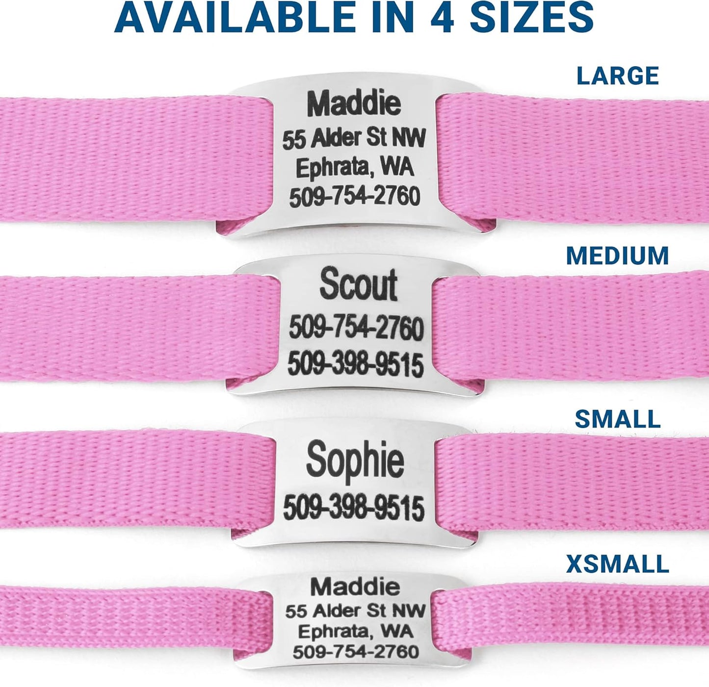 GoTags Personalized Dog Collar with Nameplate, Adjustable Dog Collar with Custom Engraved Slide On Pet ID Tag in Stainless Steel, Silent, No Noise Dog Tag for Large Medium and Small (Pink, Medium)