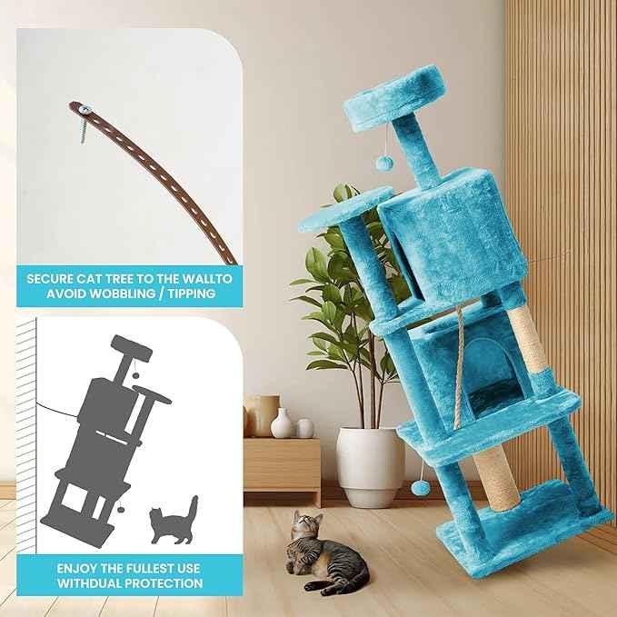 58in Large Cat Tree Tower for Indoor Cats with Soft Plush Hang Ball, Two Condos, Sisal Scratch Posts & Rope Play for Kittens/Adult Cats, Blue