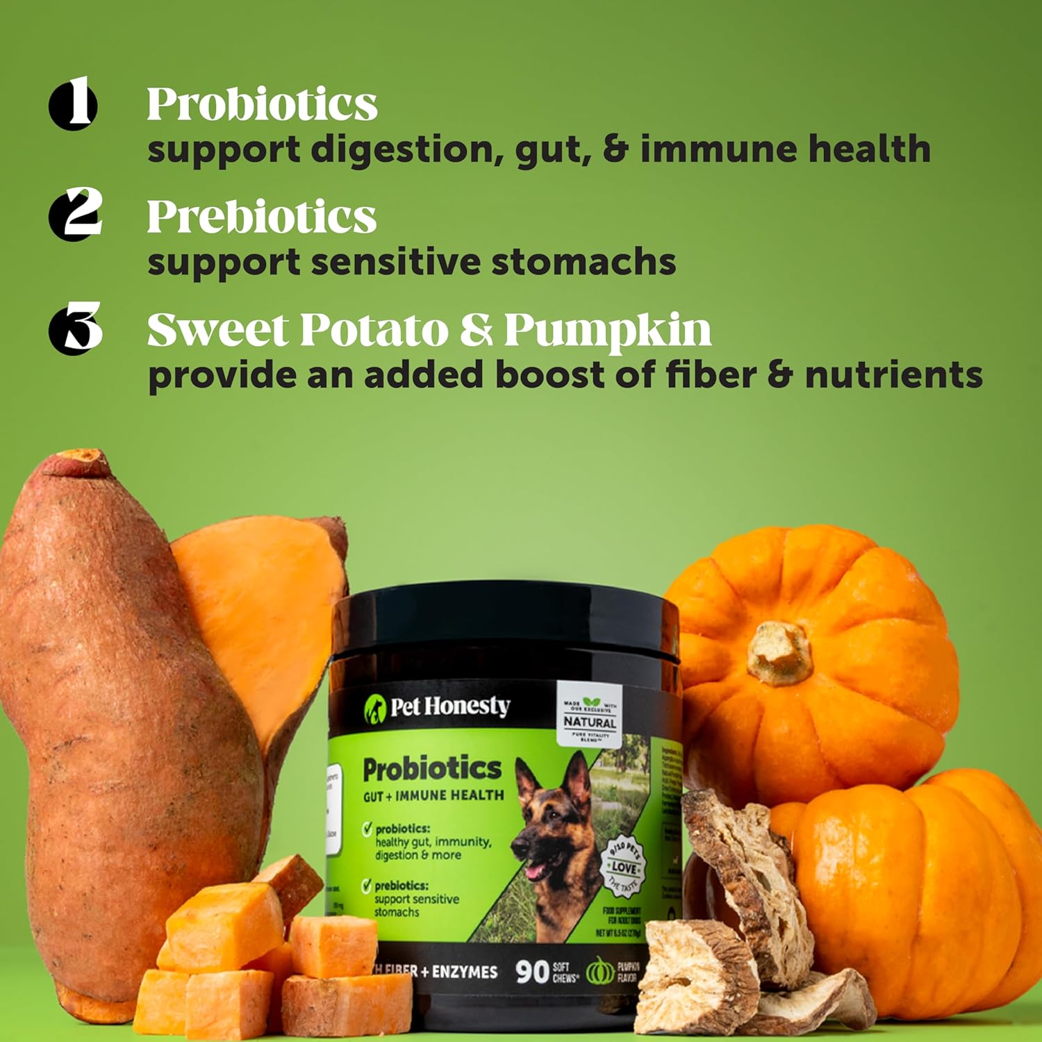 Probiotics for Dogs for Occasional Diarrhea & Bowel Support, Digestive Enzymes with Prebiotics for Gut Health for Dogs, Immunity Health & Itch Relief (Duck 90 ct) - Pet Explorer