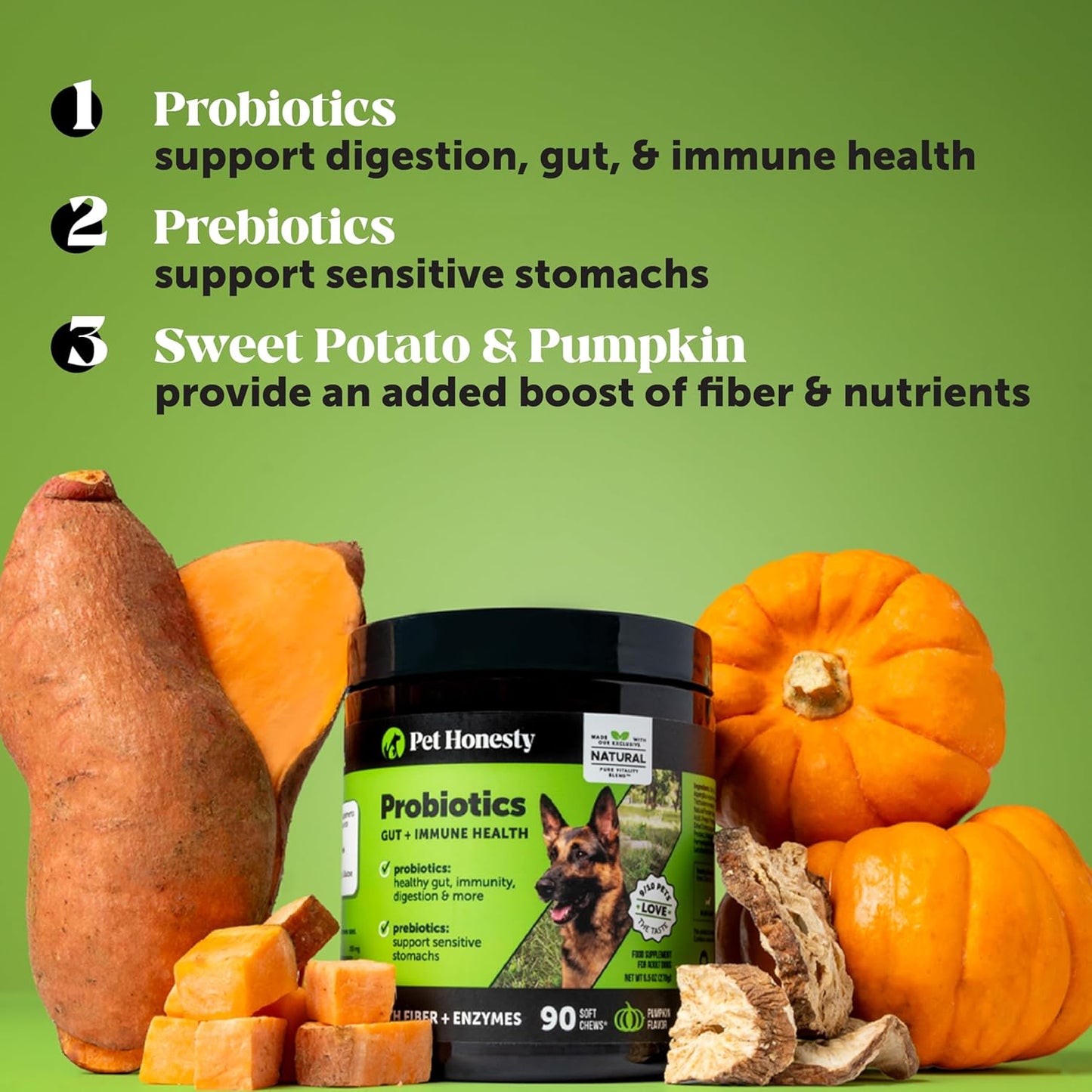 Probiotics for Dogs for Occasional Diarrhea & Bowel Support, Digestive Enzymes with Prebiotics for Gut Health for Dogs, Immunity Health & Itch Relief (Pumpkin 90 ct) - Pet Explorer