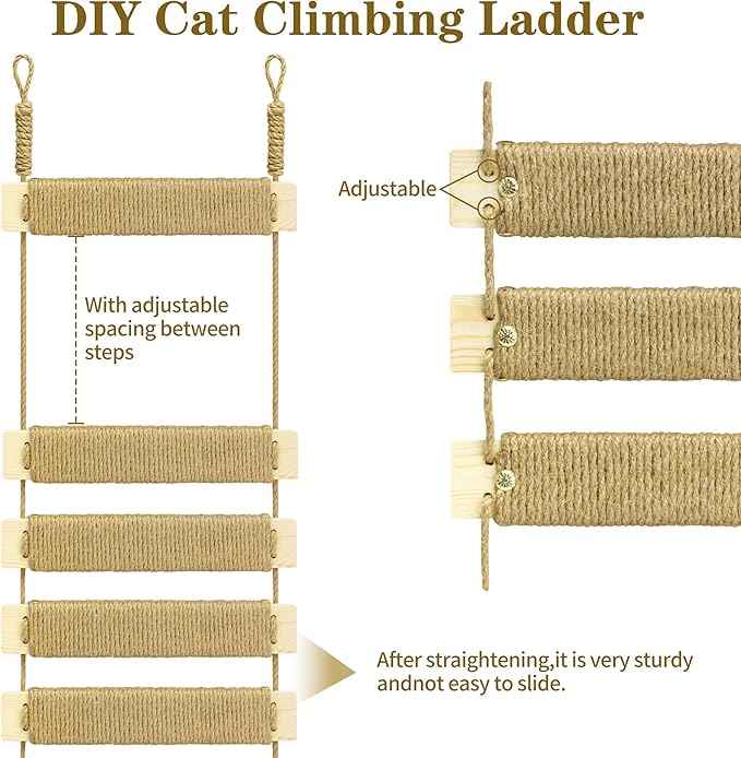 Multi-Functional Cat Ladder & Bridge - Sisal Rope Climbing Frame Wall Furniture for Indoor/Outdoor Cats, Cage Accessories, Parrots, Small Pets (Wood Tone - 40in)