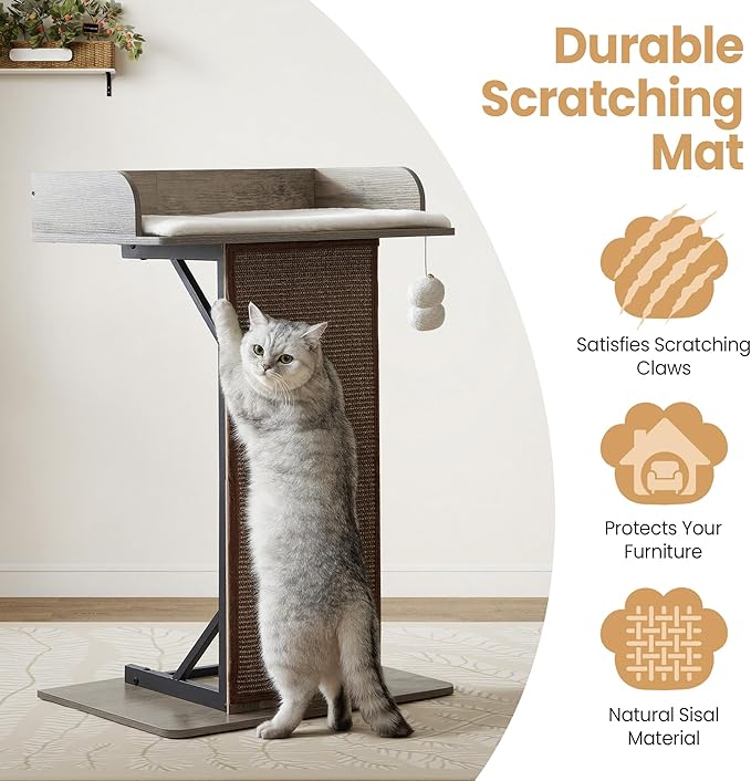 Modern Wood Cat Tree Tower for Indoor Large Cats, 33.8-Inch Tall Wooden Cat Trees with Big Perch Bed, Cat Scratching Pads, Washable Removable Cushions and Scratching Mat, Cat Furniture, Greigy