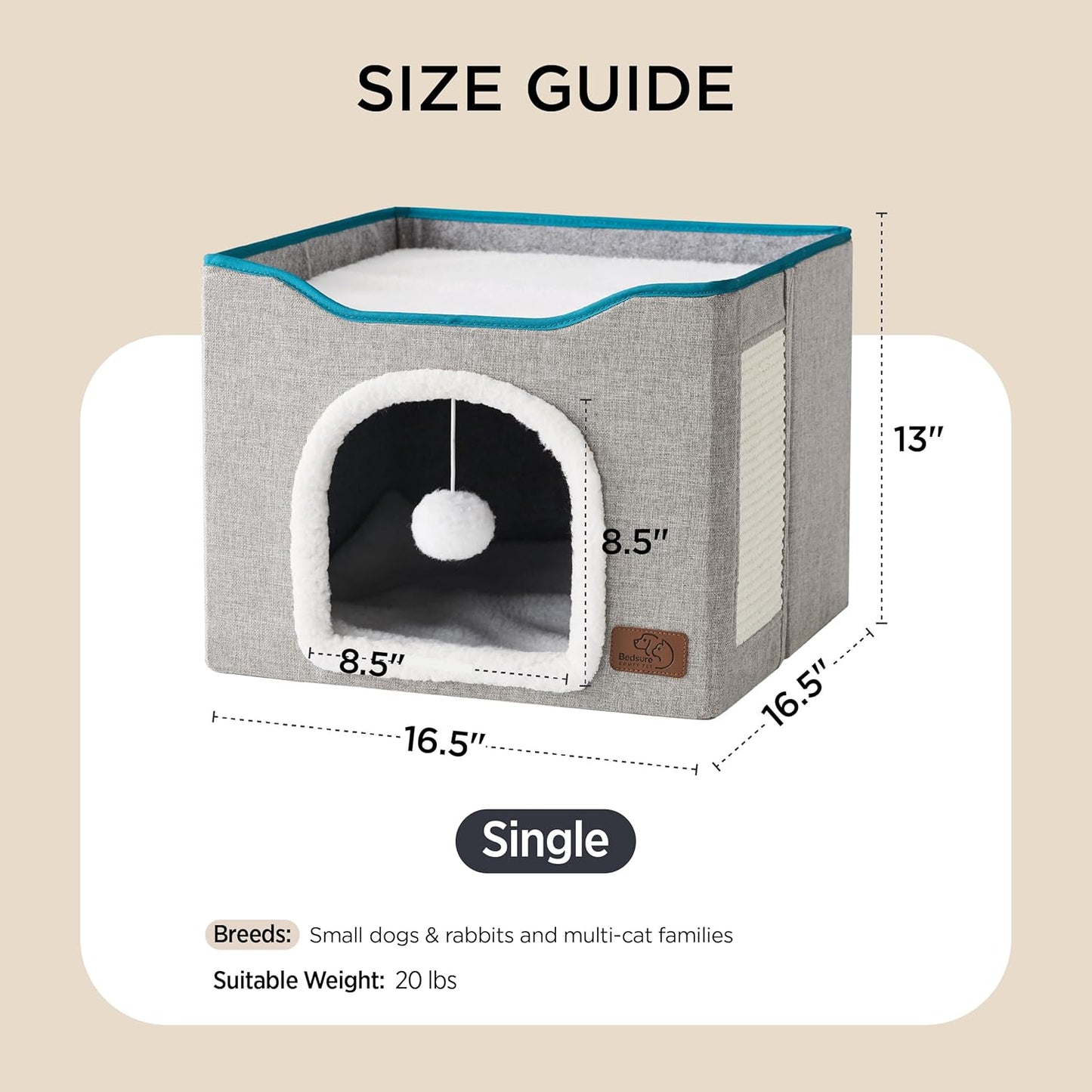 Bedsure Cat Beds for Indoor Cats - Large Cat Cave for Pet Cat House with Fluffy Ball Hanging and Scratch Pad, Foldable Cat Hideaway, 16.5x16.5x13 inches, Grey - Pet Explorer
