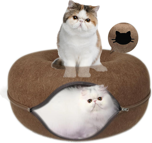 Donut Cat Tunnel Bed Peekaboo Cat Cave for Large Cats Up to 30 Lbs, Kitty Interactive Playing Tent House for Multiple Cats,Detachable,Scratch Resistant (Brown, Large - 24 Inch Diameter) - Pet Explorer