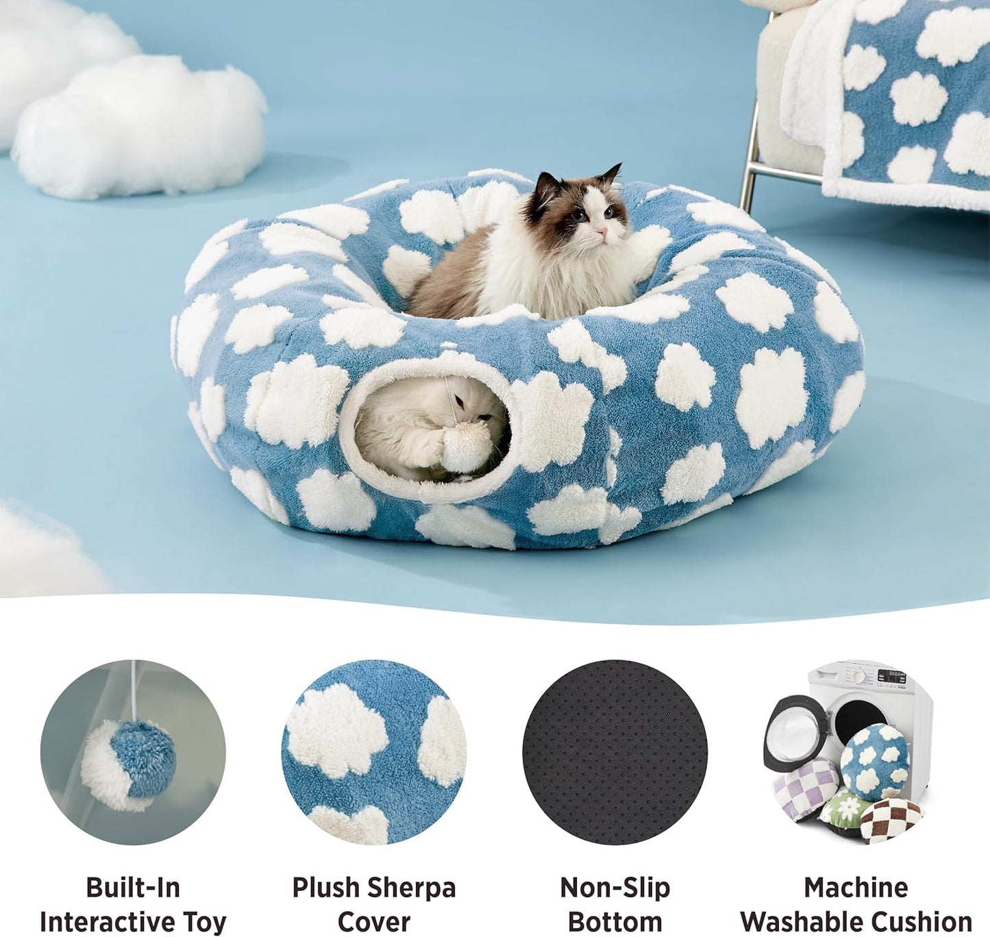 Lesure Cat Tunnel Bed for Indoor Cats - Cute Cat Donut Tunnel Toys for Small Large Cats with Washable Circle Cushion, Round Pet Peekaboo Cave Toy for Kitten/Puppy/Rabbit, Standard Blue - Pet Explorer