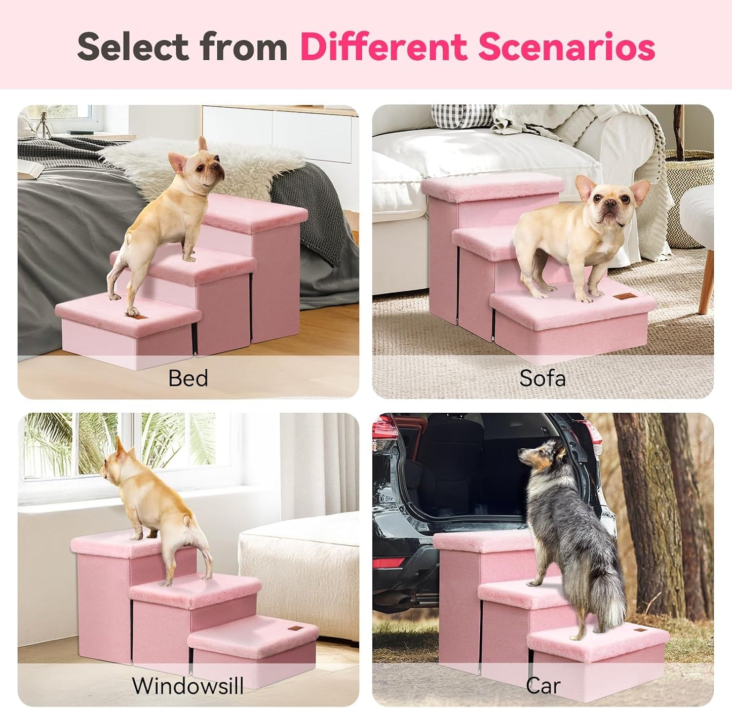 Dog Stairs with Furry Lids 18" H, 3-Step Wider Dog Steps with Storage for Small/Medium/Large Dogs Cats, Folding Sturdy Pet Stairs Climbing Bed or Sofa, Ramp for Car Hold Up to 200 lbs, Pink - Pet Explorer
