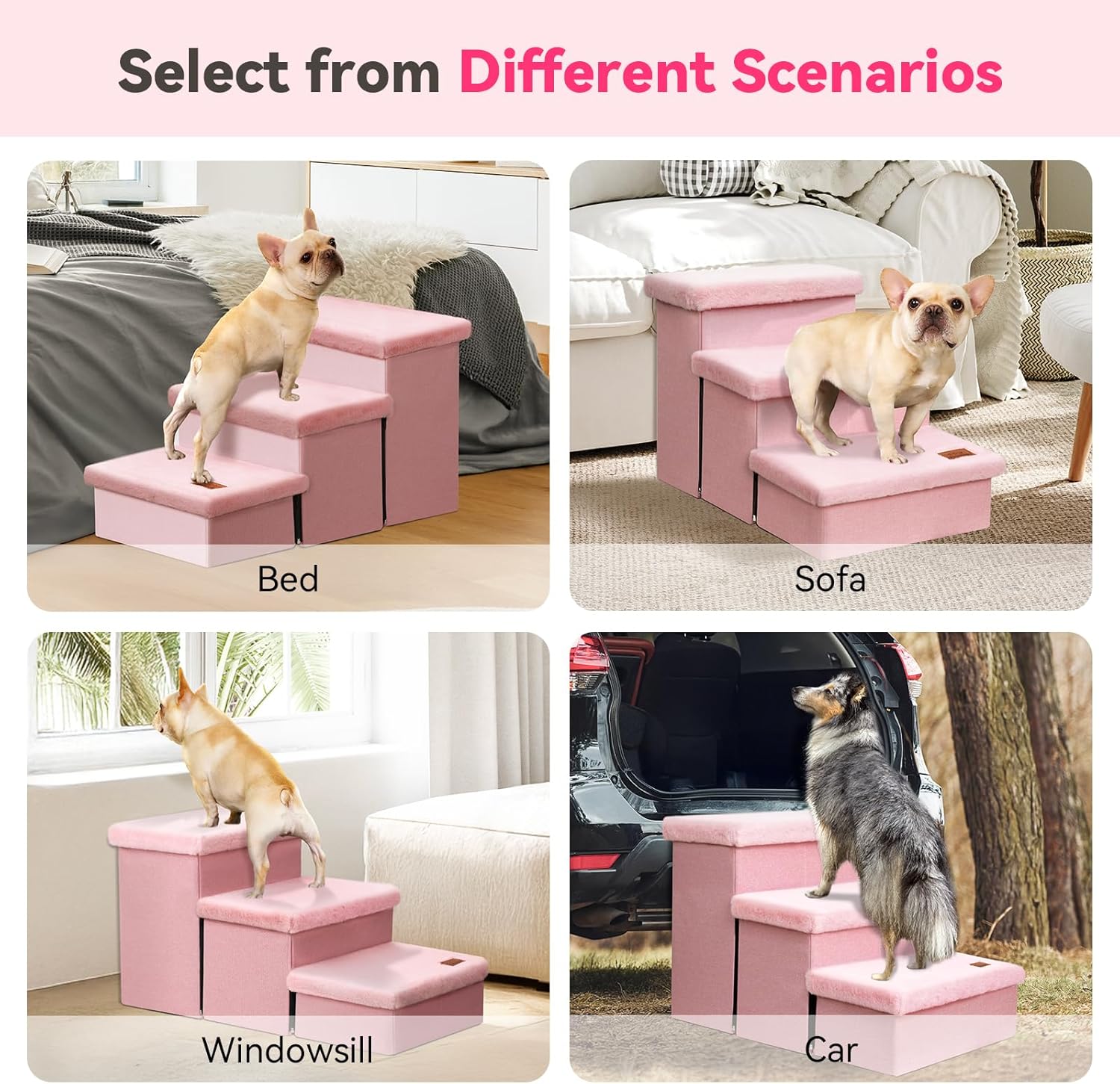 Dog Stairs with Furry Lids 18" H, 3-Step Wider Dog Steps with Storage for Small/Medium/Large Dogs Cats, Folding Sturdy Pet Stairs Climbing Bed or Sofa, Ramp for Car Hold Up to 200 lbs, Pink - Pet Explorer
