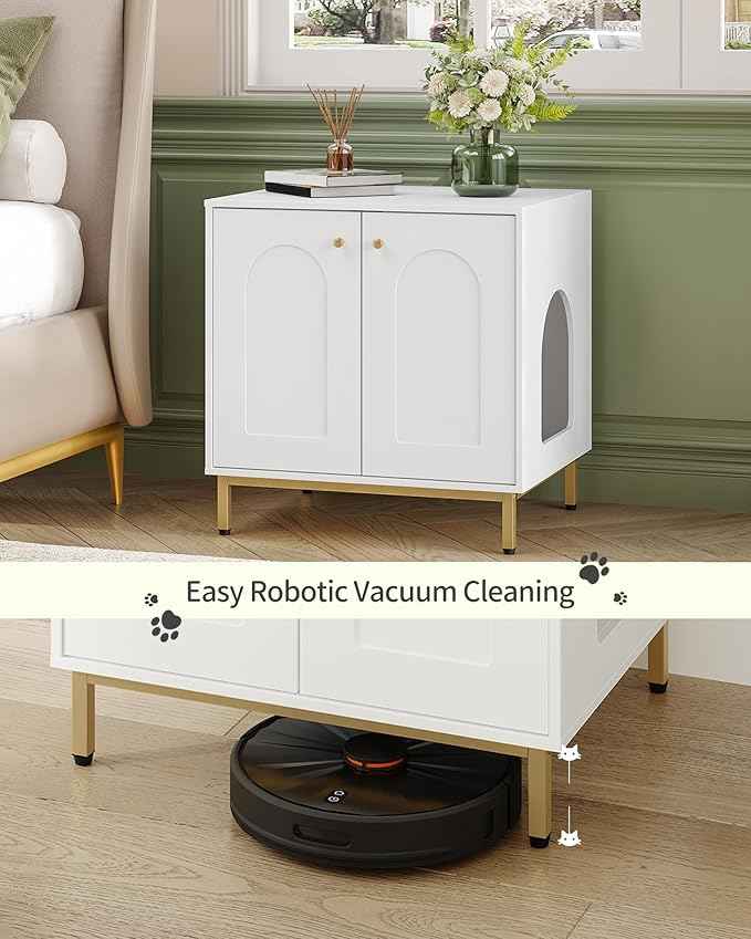 Cat Litter Box Enclosure, Hidden Litter Box Furniture Cabinet, Wooden Indoor Cat House, Side End Table, Living Room, Bedroom, White and Gold CB81203G