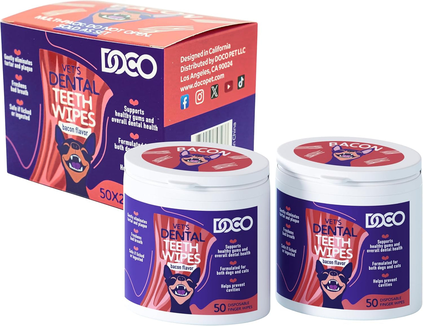 DOCO Dog Teeth Cleaning Wipes Dental Finger Wipes for Cats & Dogs Remove Plaque & Tartar, Freshen Breath, No Rinse, Easy & Effective Pet Tooth Cleaning Kit for Oral Care, Bacon Flavor, 100 Count - Pet Explorer