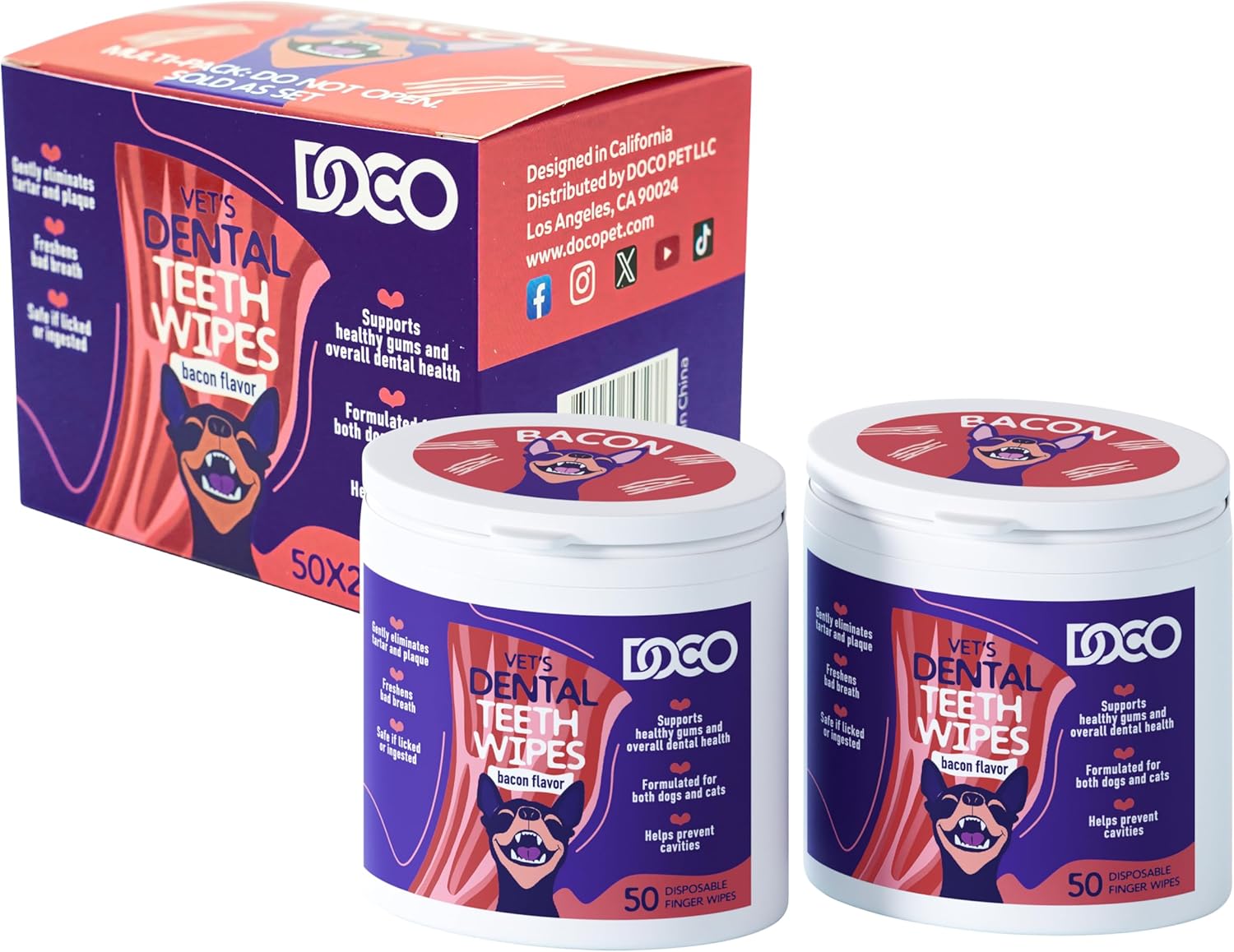 DOCO Dog Teeth Cleaning Wipes Dental Finger Wipes for Cats & Dogs Remove Plaque & Tartar, Freshen Breath, No Rinse, Easy & Effective Pet Tooth Cleaning Kit for Oral Care, Bacon Flavor, 100 Count - Pet Explorer