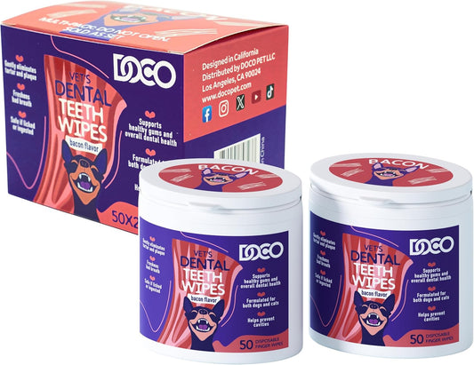 DOCO Dog Teeth Cleaning Wipes Dental Finger Wipes for Cats & Dogs Remove Plaque & Tartar, Freshen Breath, No Rinse, Easy & Effective Pet Tooth Cleaning Kit for Oral Care, Bacon Flavor, 100 Count - Pet Explorer