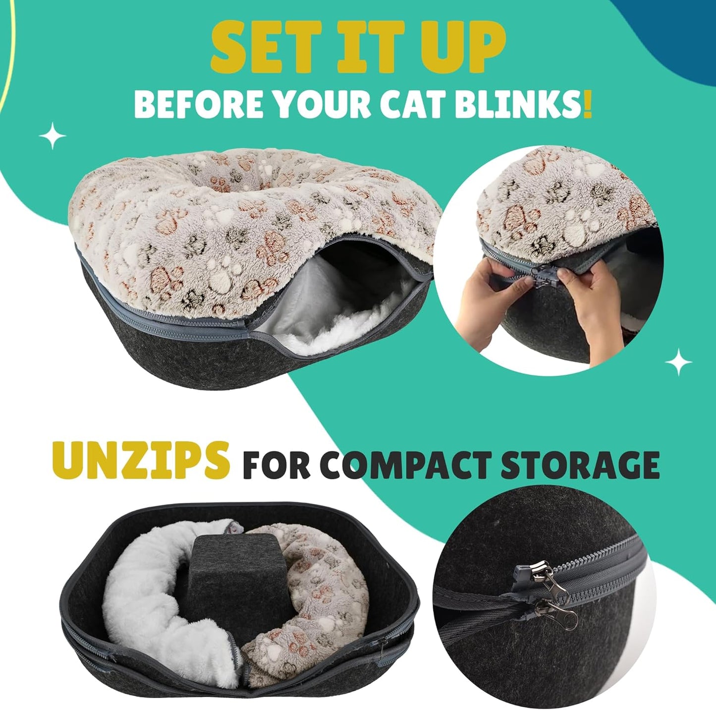 RINGTAIL Peekaboo Cat Cave - Cat Caves for Indoor Cats, Cat Donut Tunnel Bed, Kitten Beds Felt, Cat Bed Cave Square with Two Fluffy Fleece Cushion, Nest Cove Scratch-Resistant Detachable & Washable - Pet Explorer