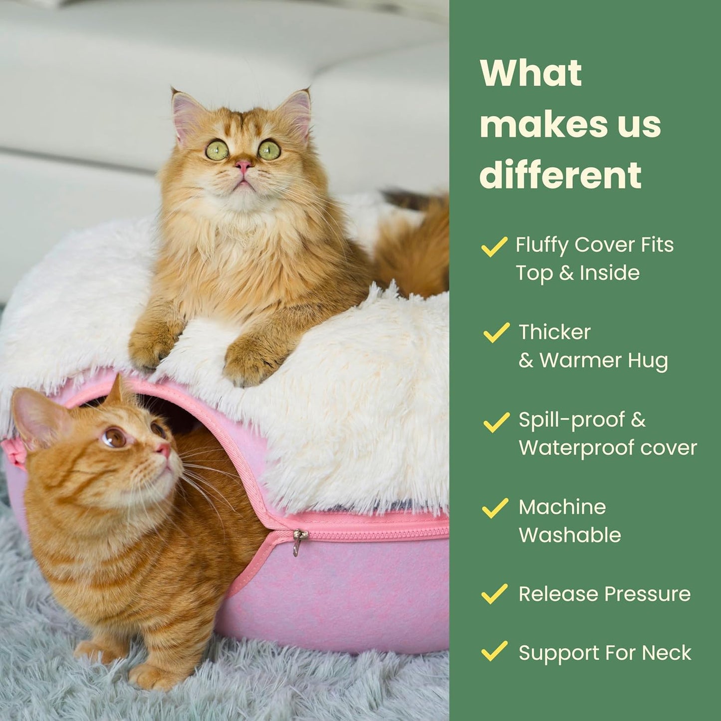 CATTASAURUS Peekaboo Cat Cave for Multiple & Large Cats Up to 30-45 Lbs, Fluffy Cat Beds for Indoor Cats, Scratch Detachable & Washable Tunnel Bed, Comfy Donut Cat Cave (Pink, Large (Calming)) - Pet Explorer